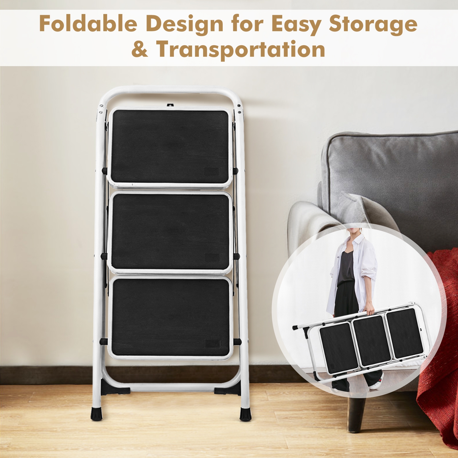 Folding 3-Step Safety Ladder with Anti-Slip Platform photo 4