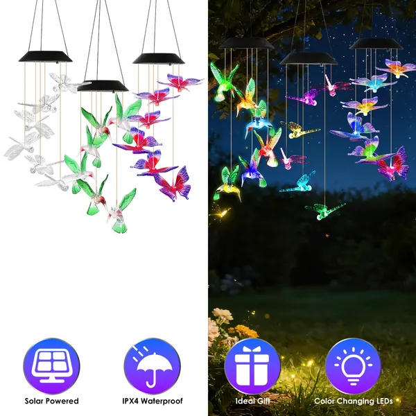Solar Wind Chimes 3-Pack, Color-Changing Garden Decor