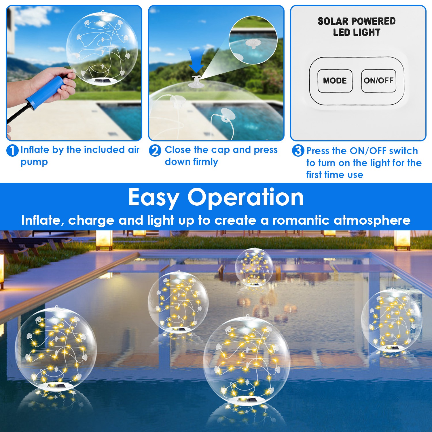 Floating Pool Lights, 2-Pack Solar with Remote
