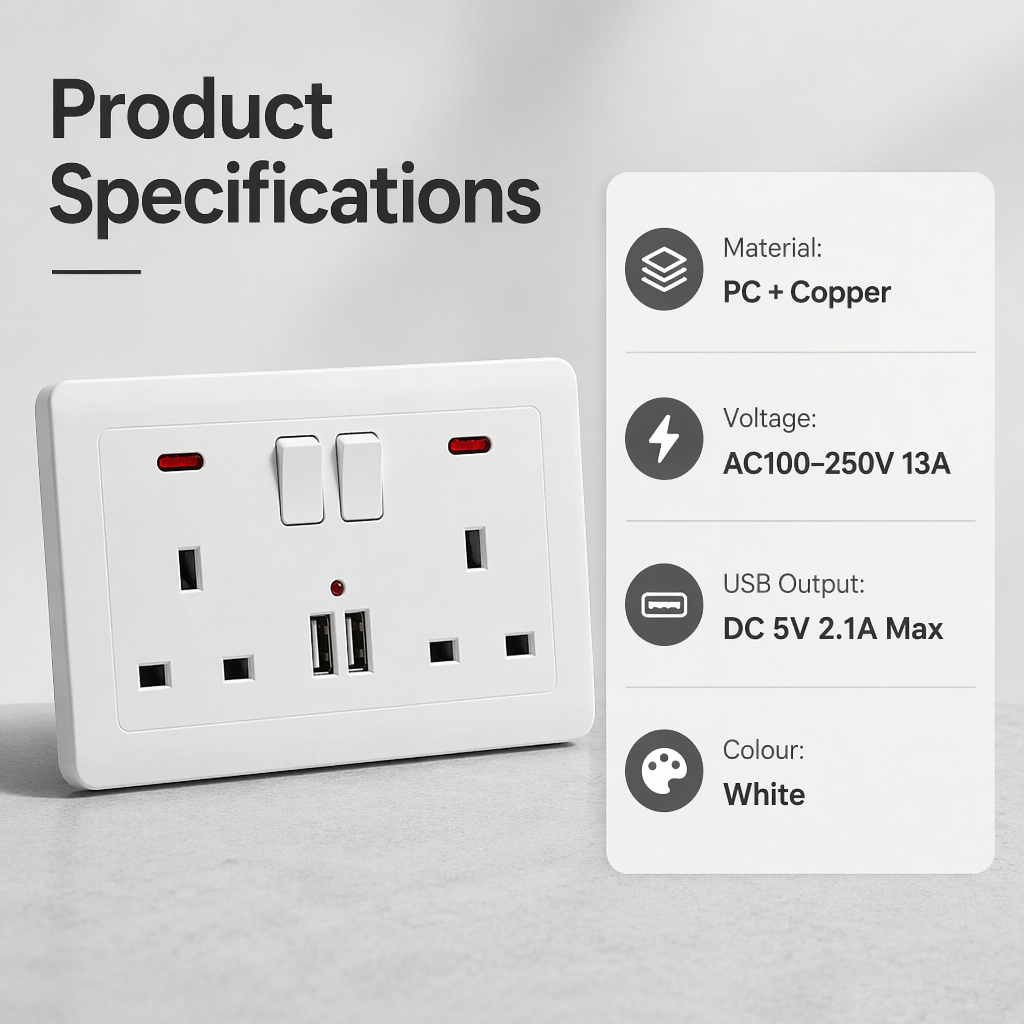 Double Wall Socket 2 Gang 13A With 2 USB Ports (UK)