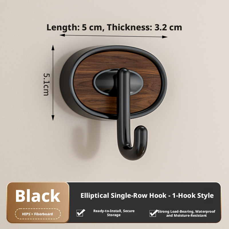Oval Wall Hooks, Black ABS and Wood, Single Row