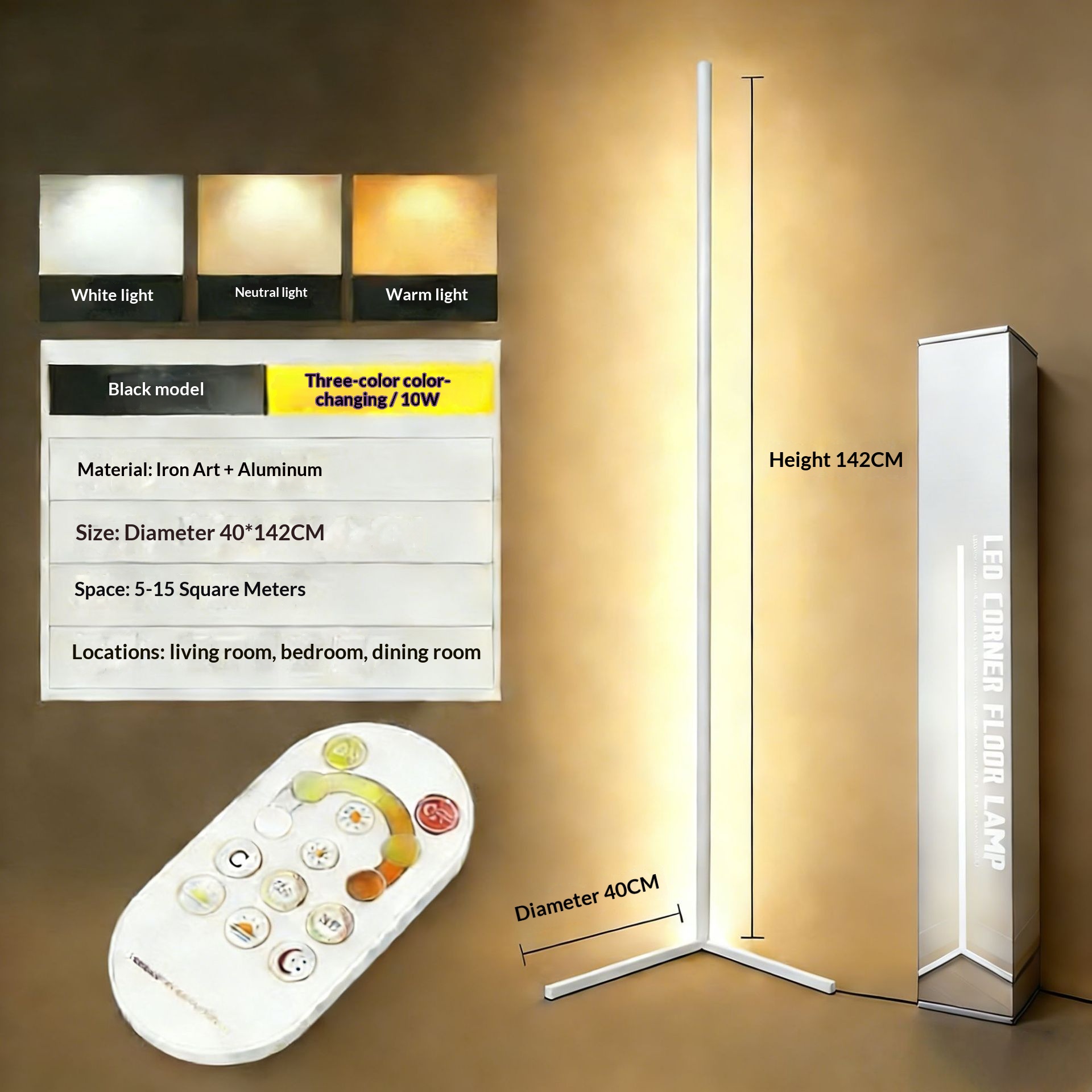Tricolor LED Floor Lamp with Remote, Dimmable