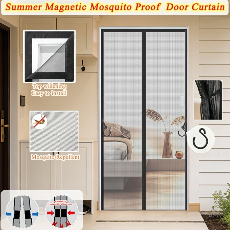 Black Magnetic Screen Door With Adhesive Hook-and-Loop