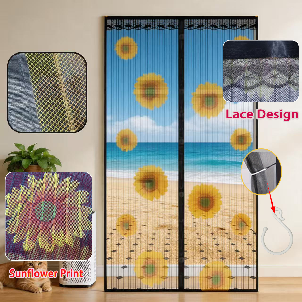 Magnetic Screen Door, Sunflower Print with Lace Edge