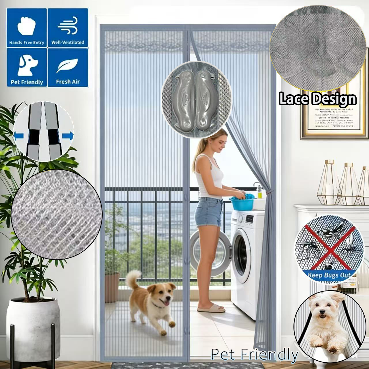 Magnetic Screen Door, Grey Striped Mosquito Mesh