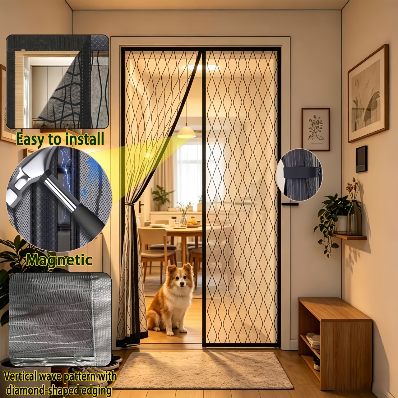 Magnetic Mosquito Door Curtain, Wavy Mesh, Pet-Friendly