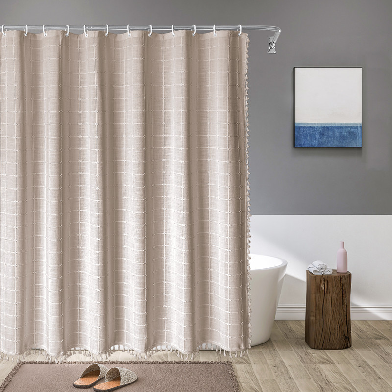 Waterproof Linen-Look Shower Curtain, Check and Stripe