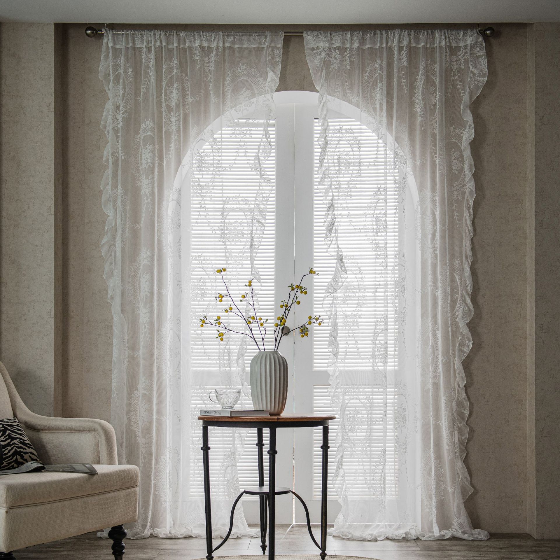 White Lace Sheer Curtains with Tassel Trim