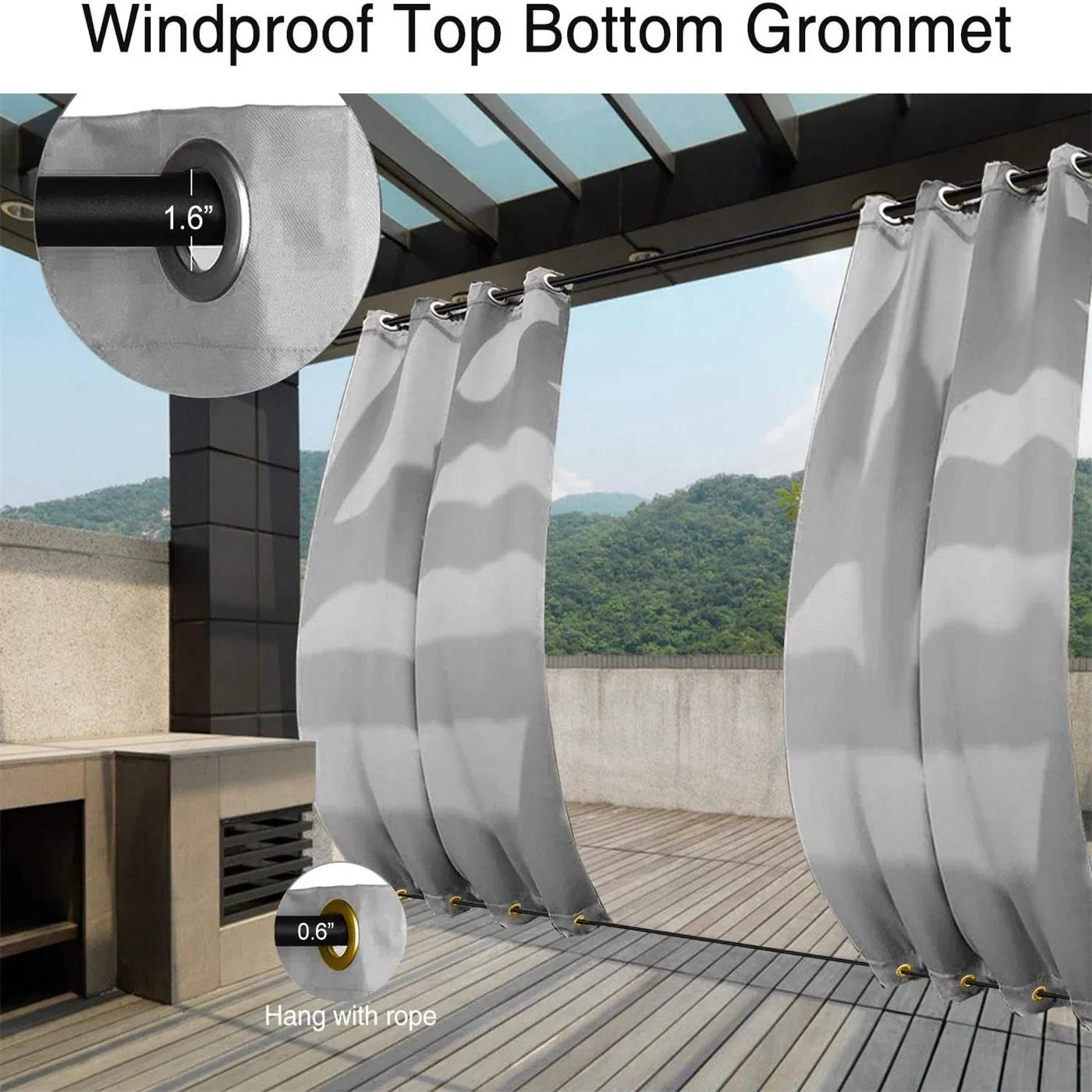 Outdoor Curtain Panel, Grommet Top and Bottom, Gray