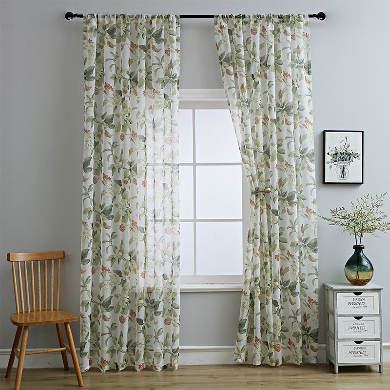 Semi-Sheer Cotton Linen Curtains, Printed Panel