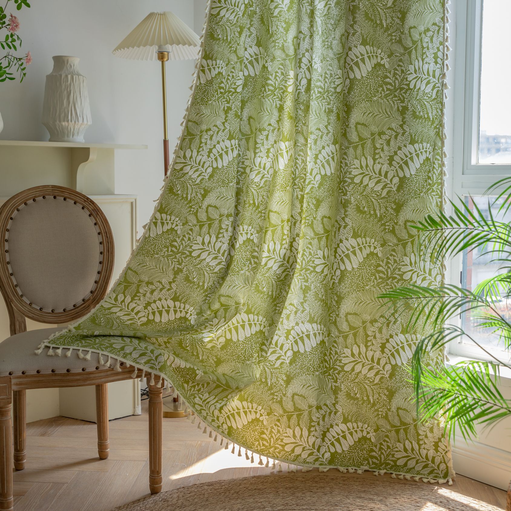 Green Floral Kitchen Curtain, Tassel Trim Set