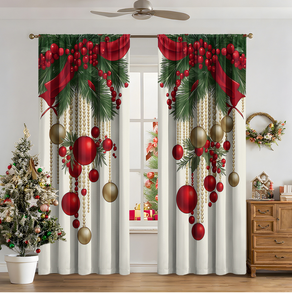 Christmas Print Blackout Curtains, 2-Panel Set