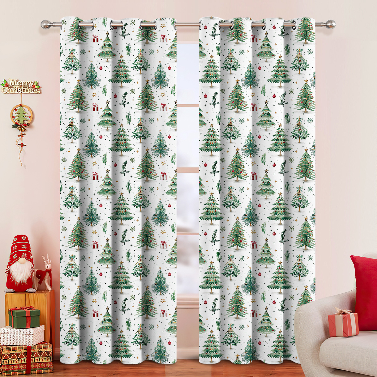 Christmas Forest Print Light-Blocking Curtain Panel