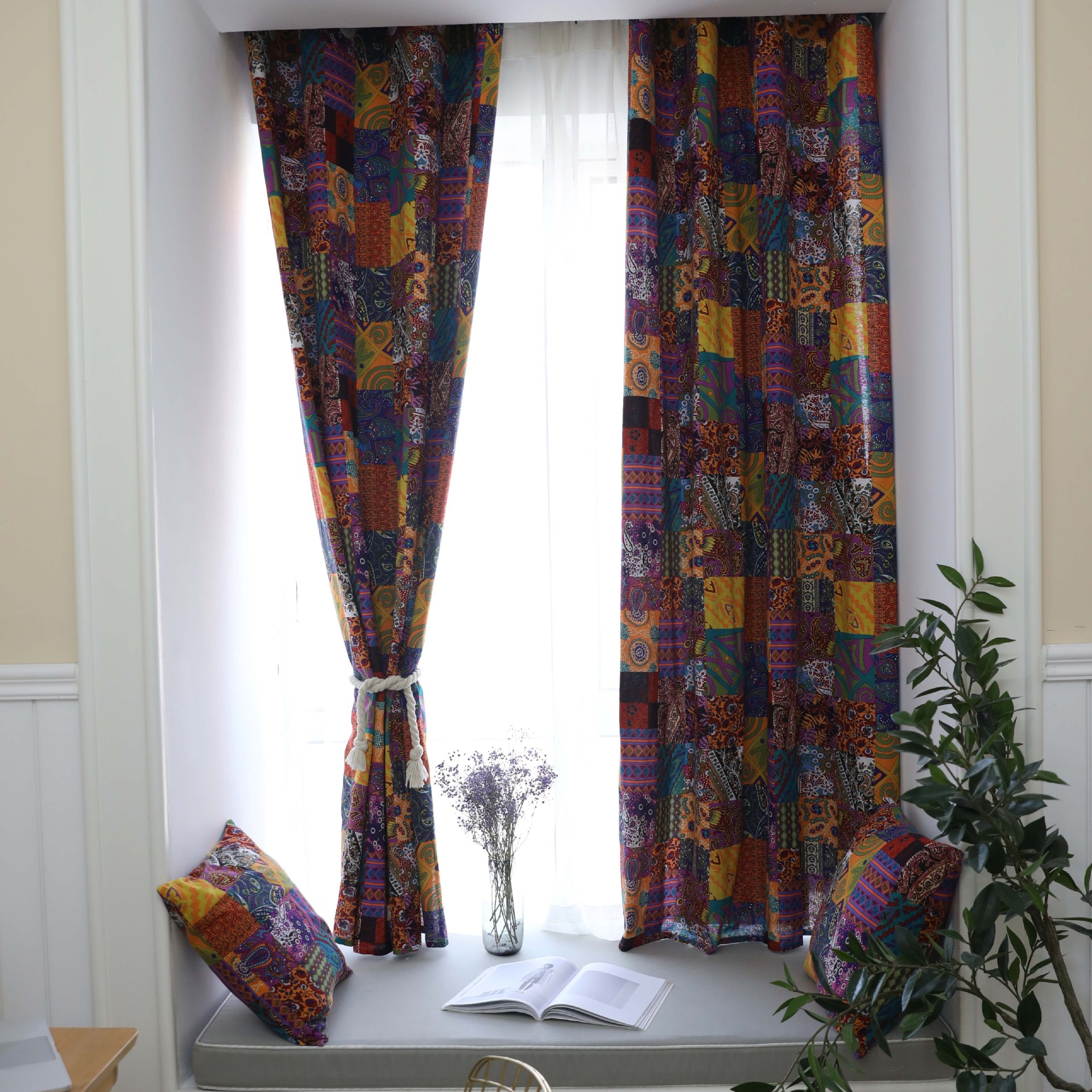 Bohemian Cotton Linen Curtain, Geometric Print