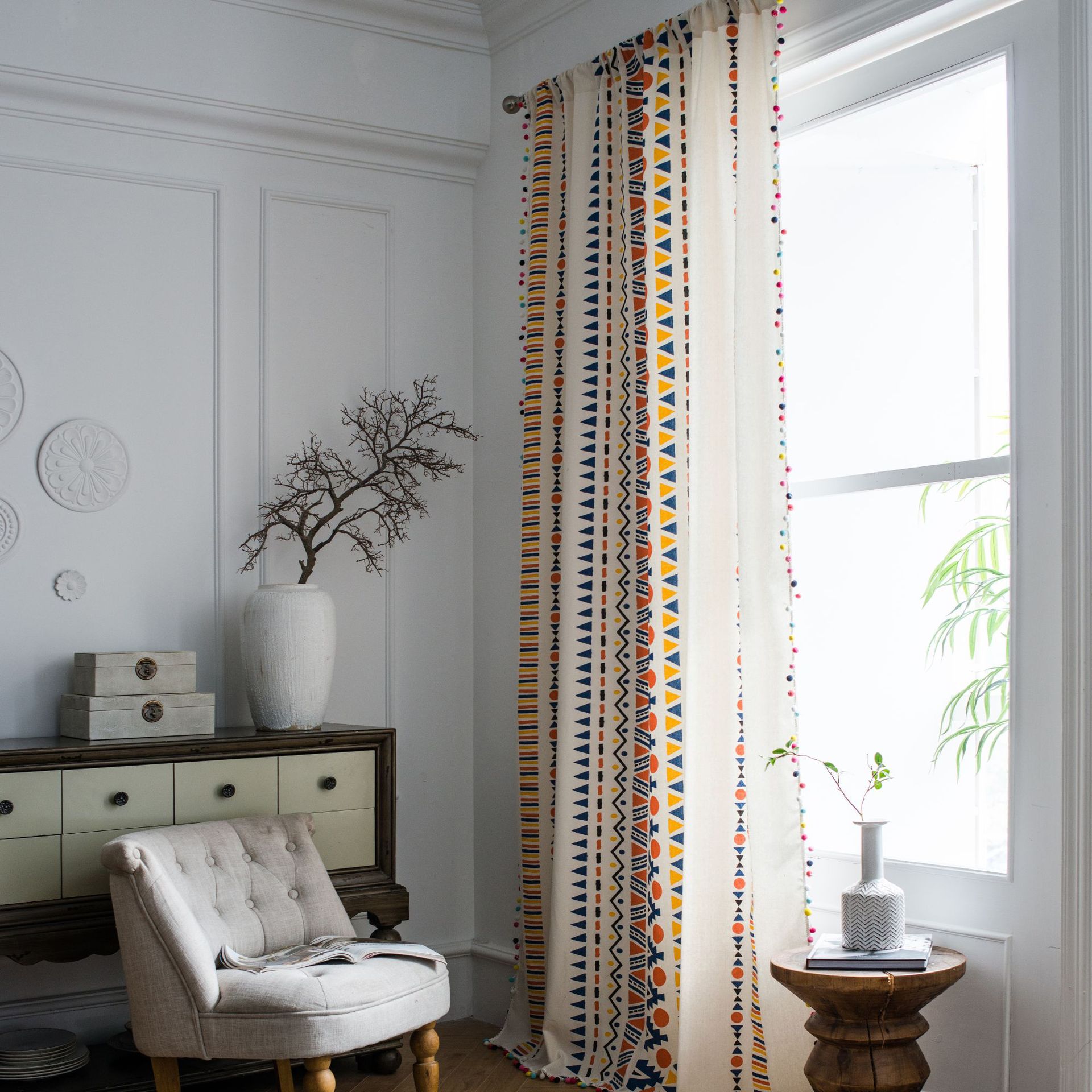 Bohemian Cotton Linen Curtain With Pom-Pom Trim