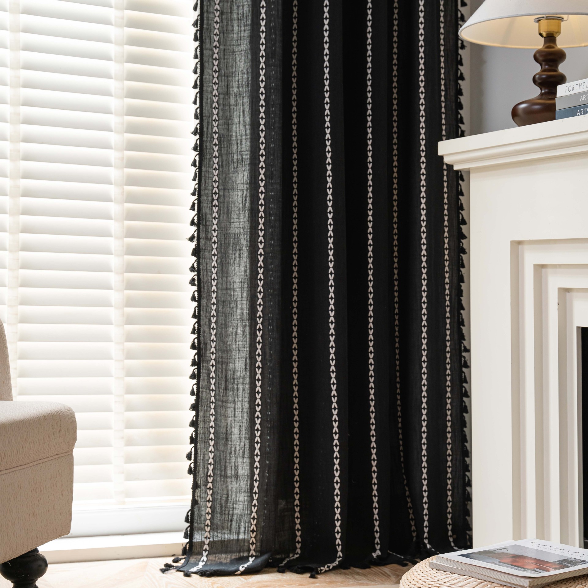 Black and White Jacquard Curtains with Tassels