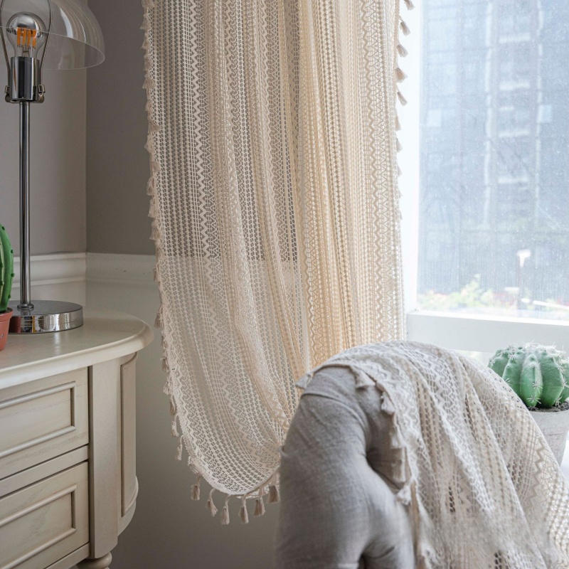 Beige Geometric Blackout Curtains with Tassels