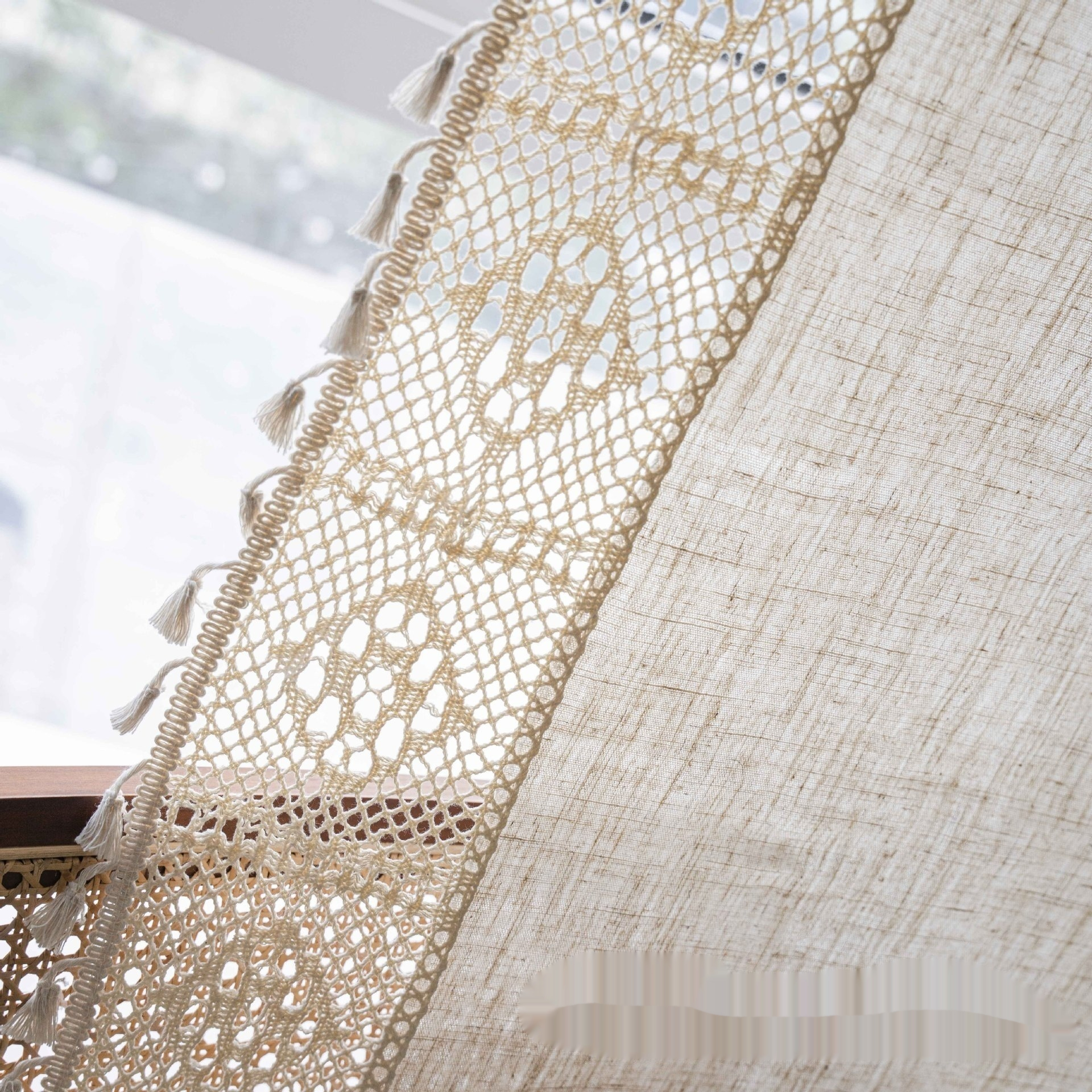 Cotton Linen Sheer Curtain with Crochet Trim, Beige Tassel Edge