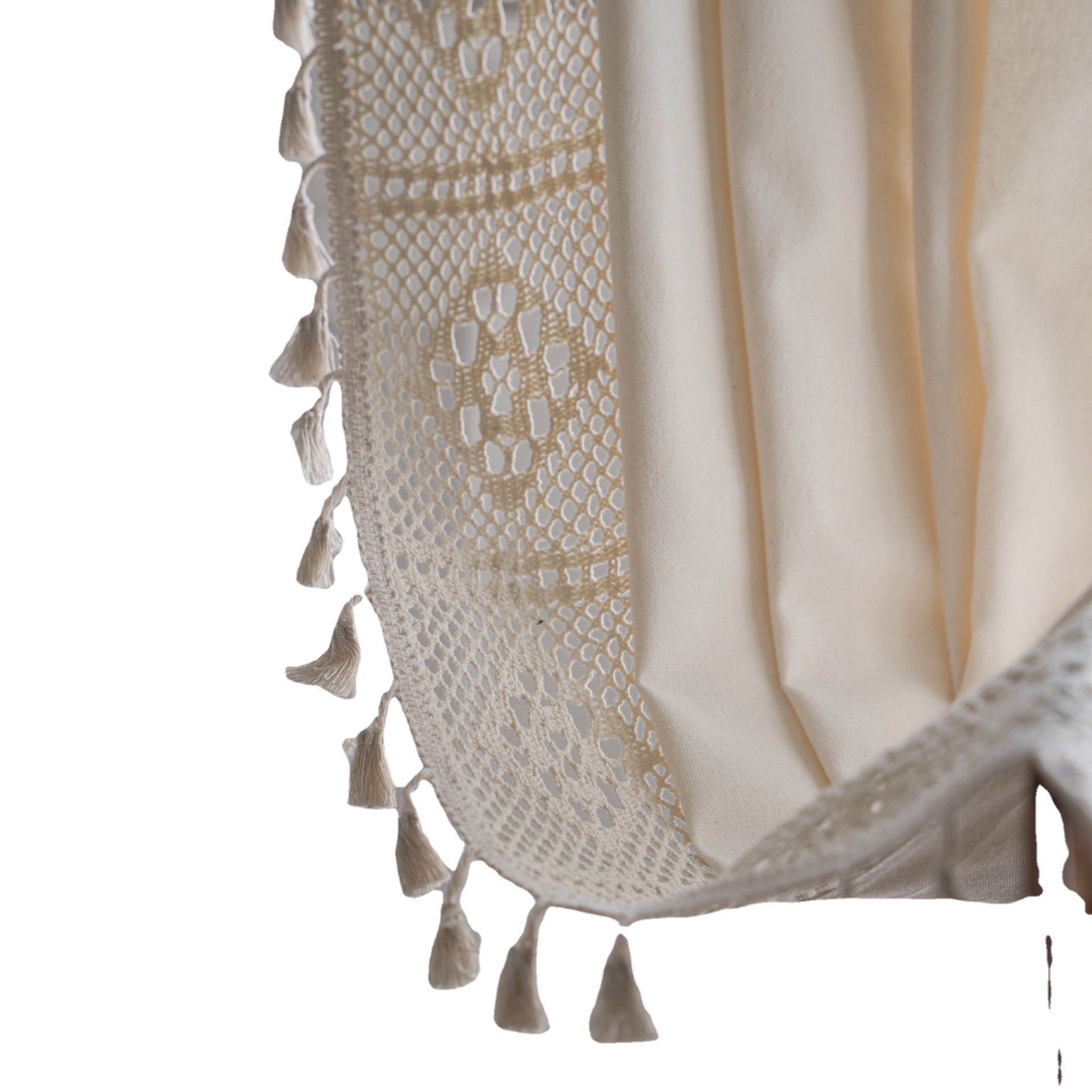 Cotton Linen Sheer Curtain with Crochet Trim, Beige Tassel Edge photo 2
