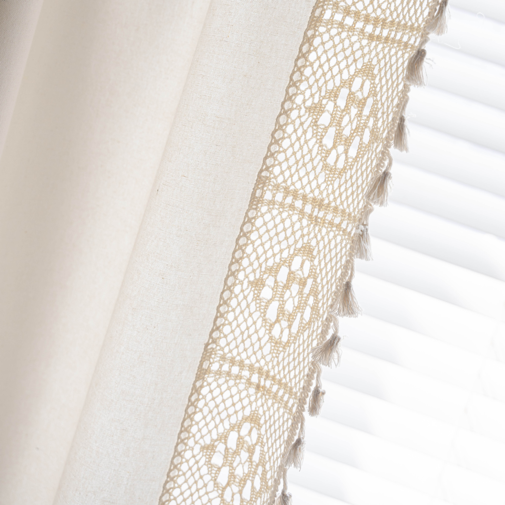 Cotton Linen Sheer Curtain with Crochet Trim, Beige Tassel Edge photo 3