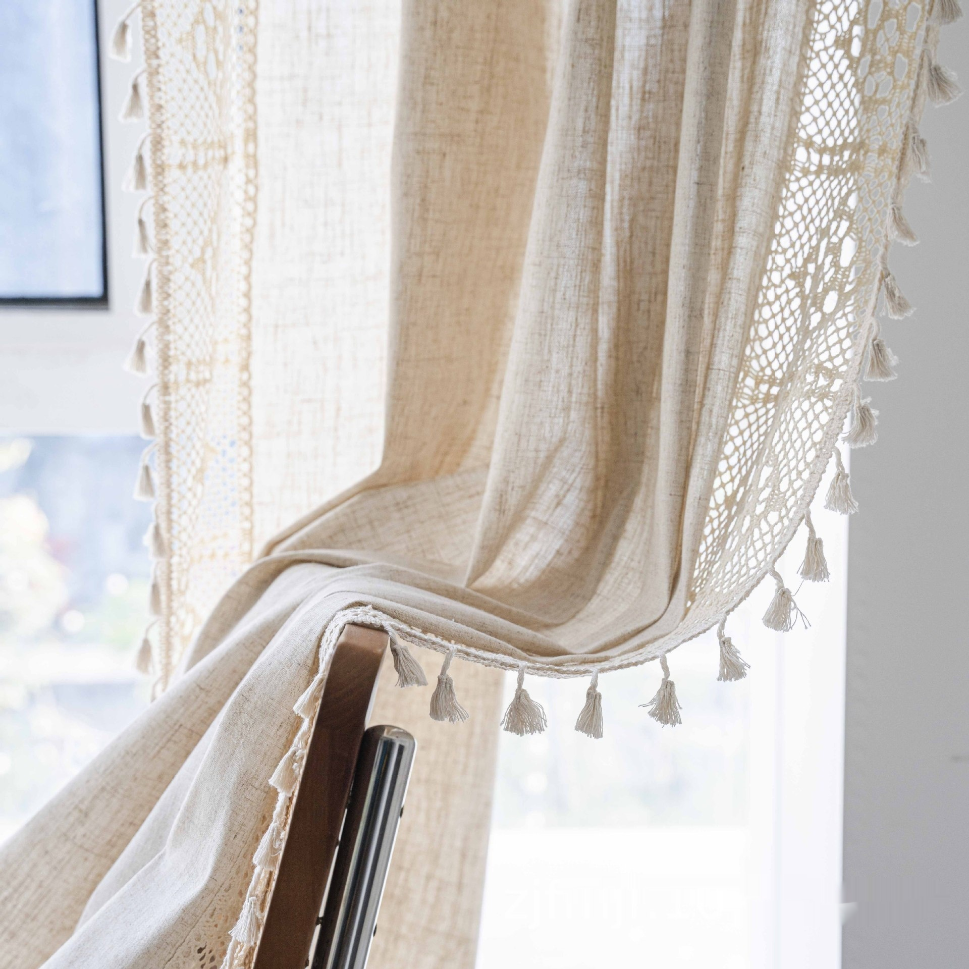 Cotton Linen Sheer Curtain with Crochet Trim, Beige Tassel Edge photo 5