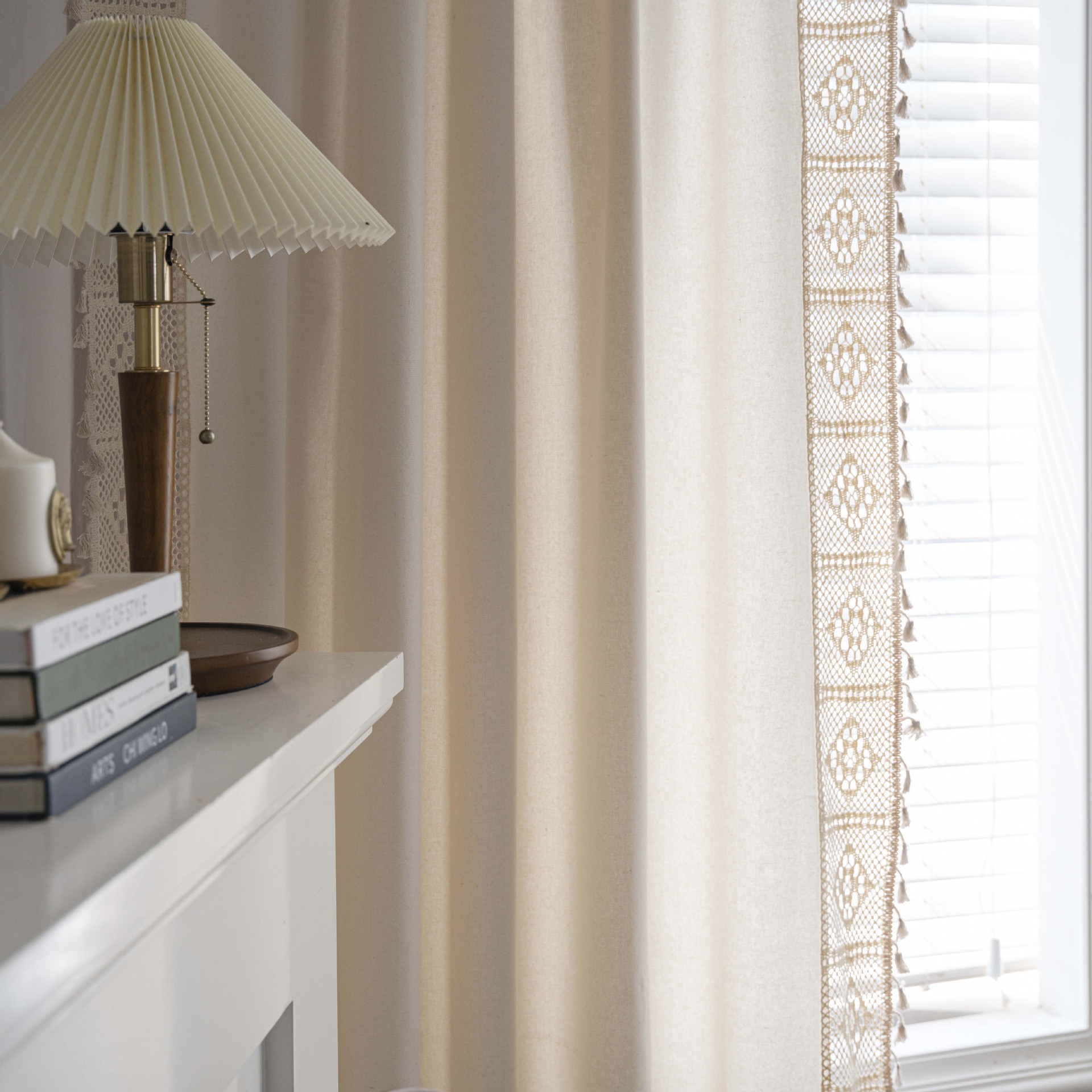 Cotton Linen Sheer Curtain with Crochet Trim, Beige Tassel Edge photo 6