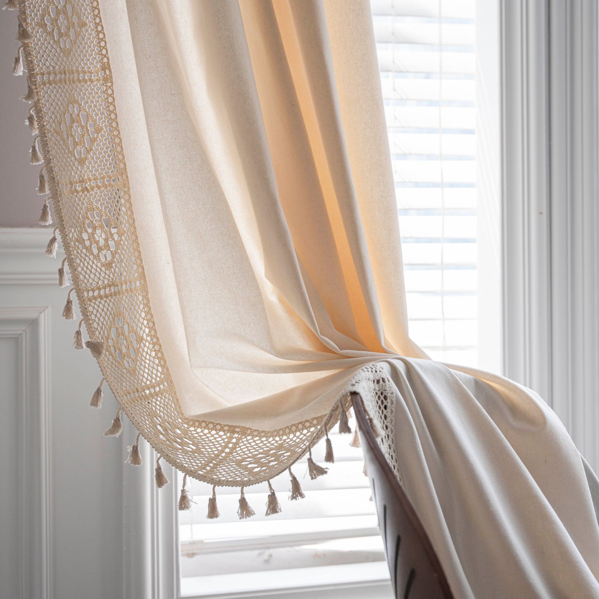 Cotton Linen Sheer Curtain with Crochet Trim, Beige Tassel Edge photo 7