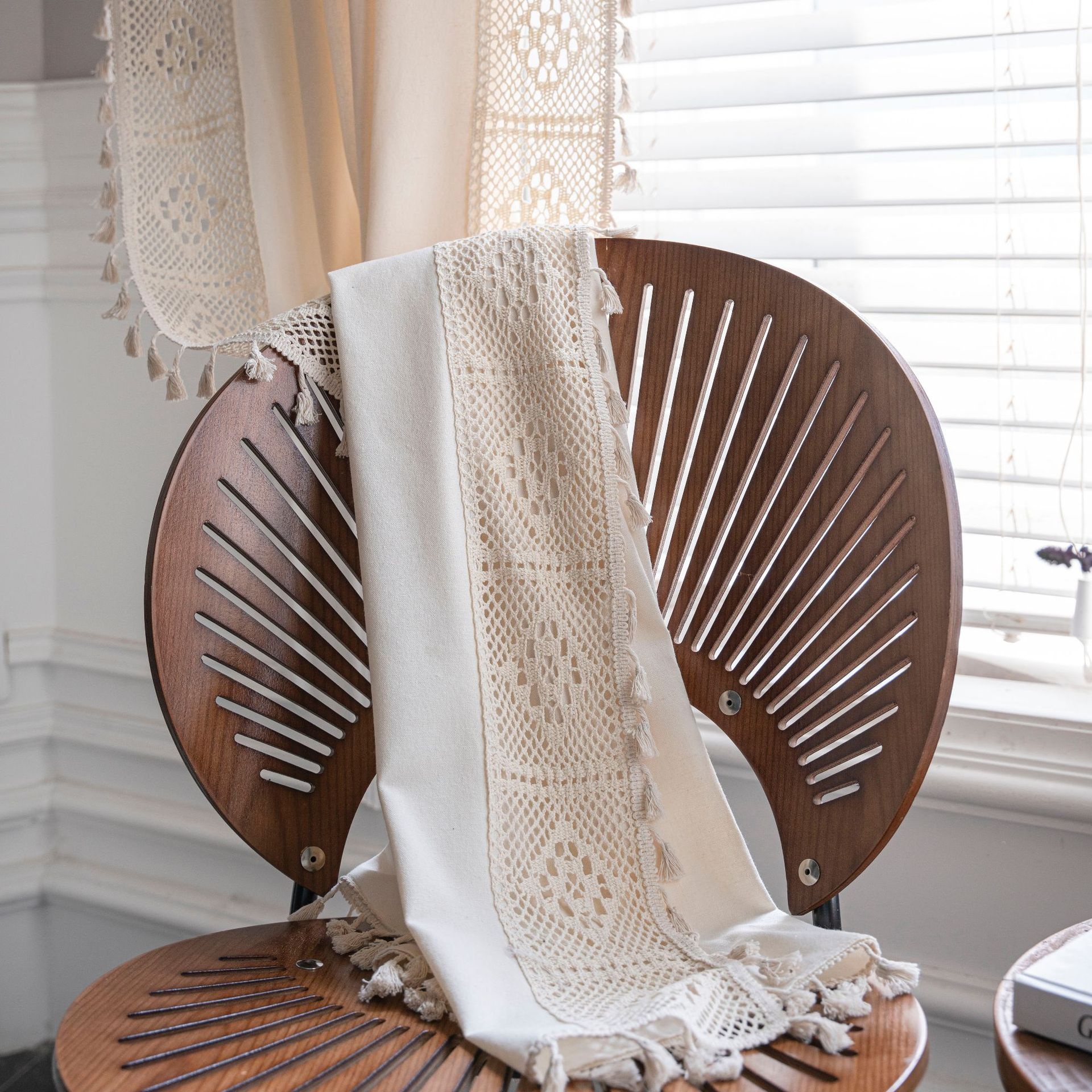 Cotton Linen Sheer Curtain with Crochet Trim, Beige Tassel Edge photo 9