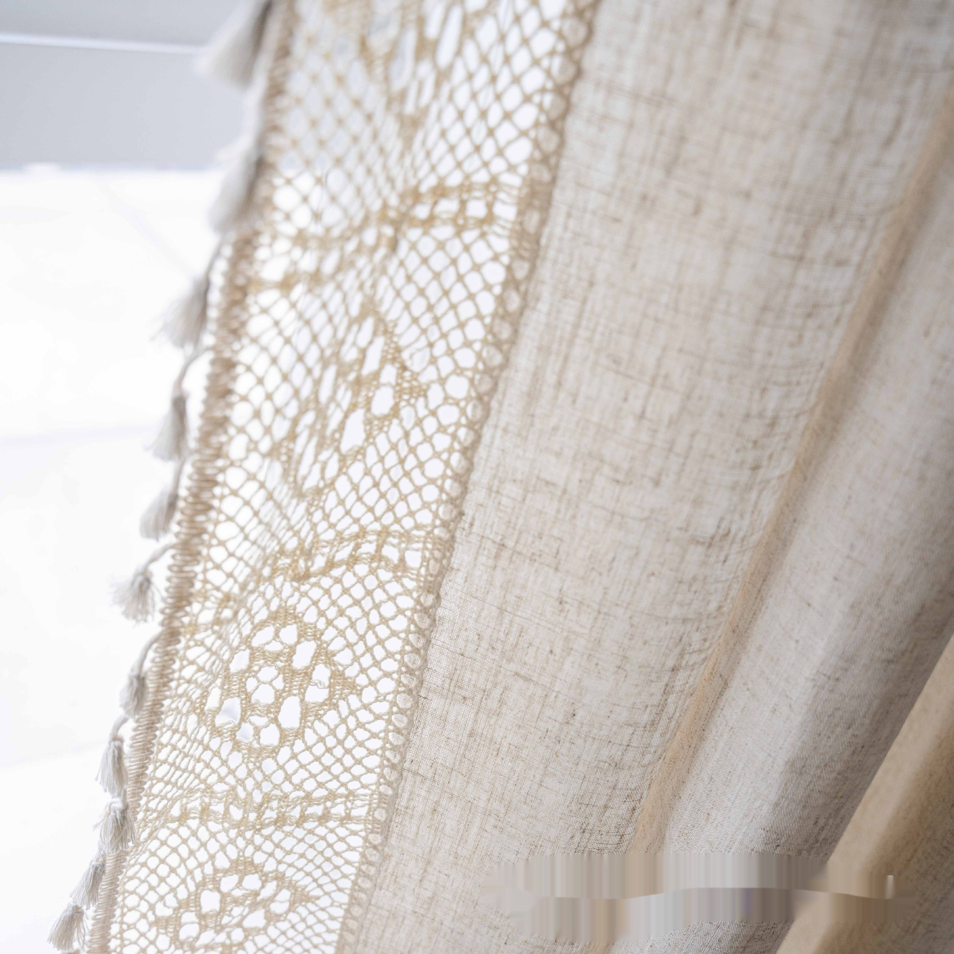Cotton Linen Sheer Curtain with Crochet Trim, Beige Tassel Edge photo 10