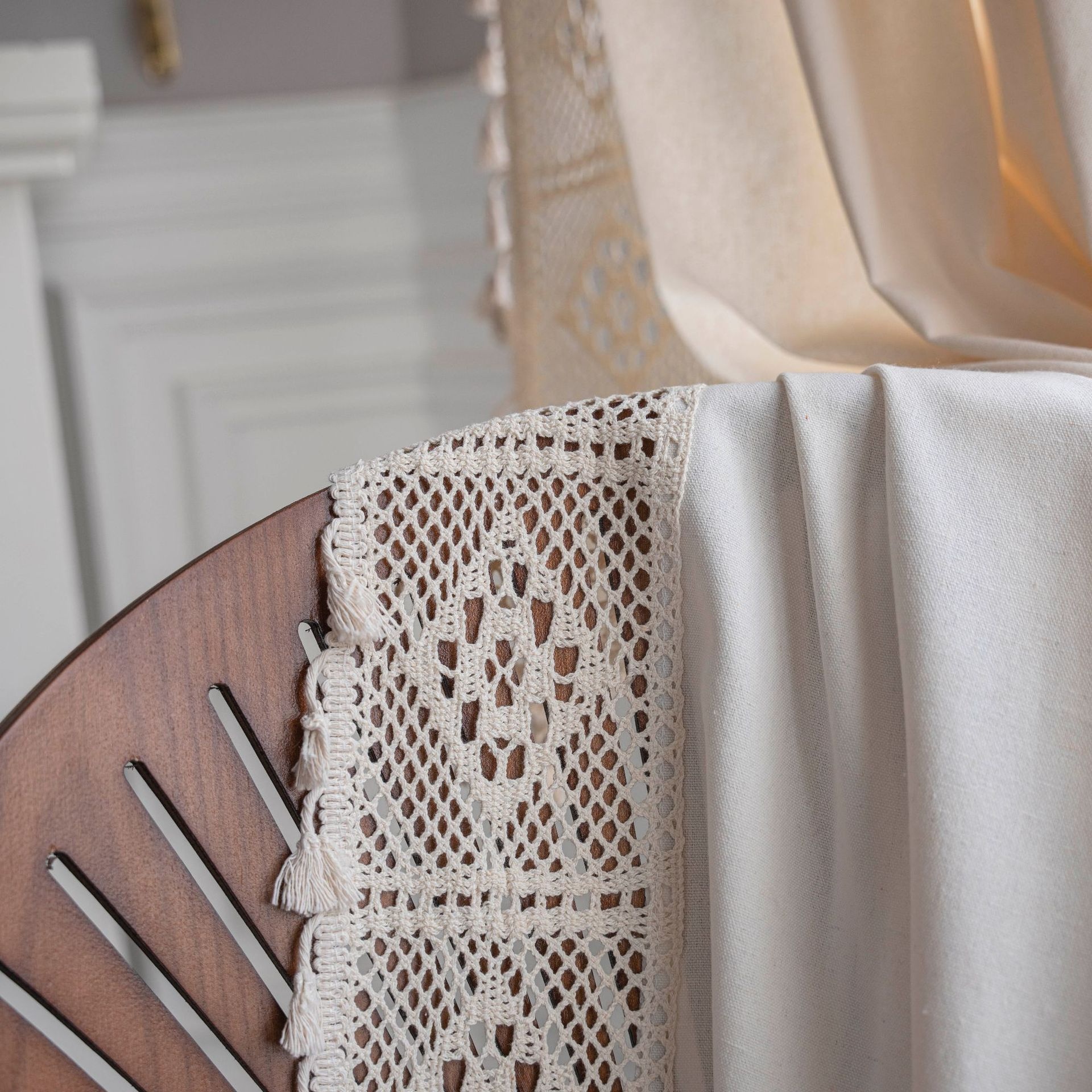 Cotton Linen Sheer Curtain with Crochet Trim, Beige Tassel Edge photo 12