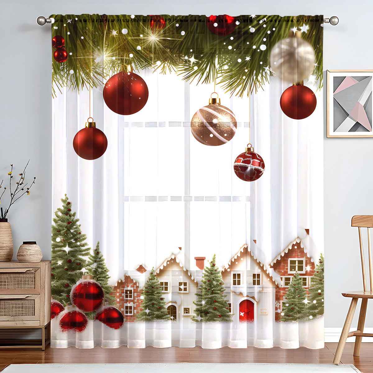 Christmas Sheer Curtain Panel, Printed