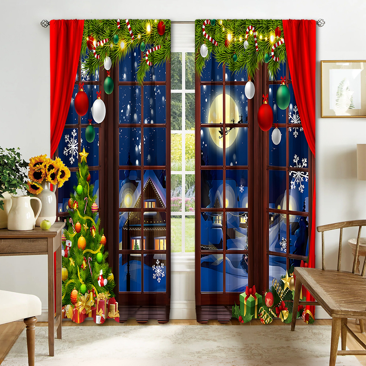 Digital Print Christmas Curtains, 2-Pack