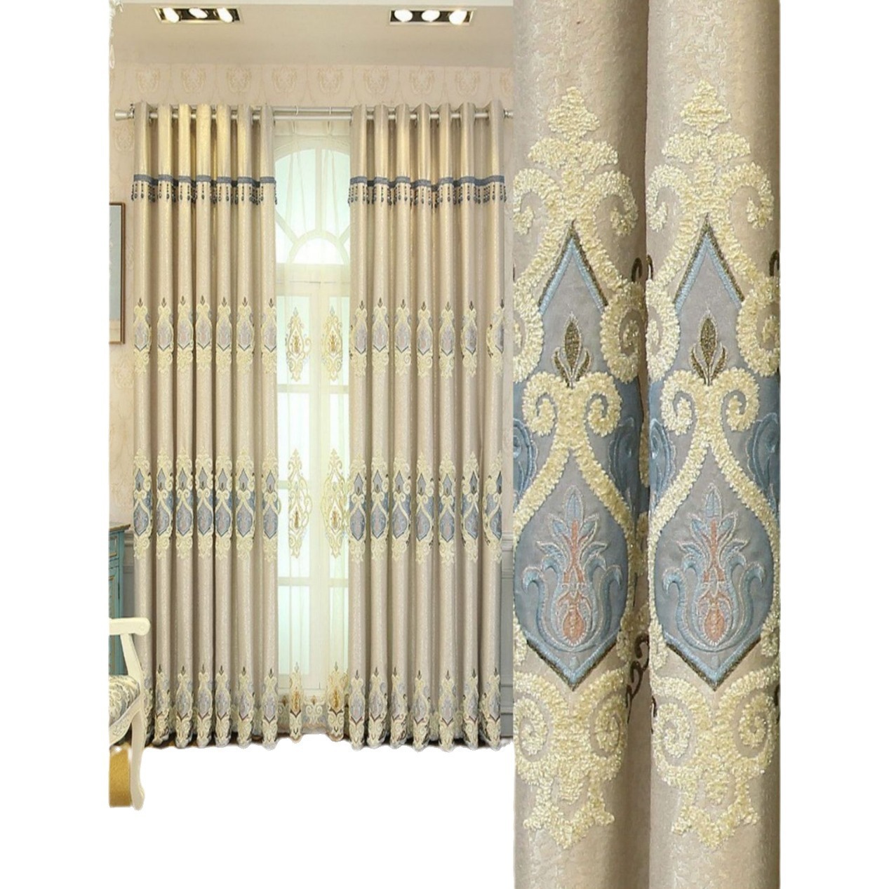 Embroidered Mesh Curtains, Crown Motif, Beige or Gray photo 6