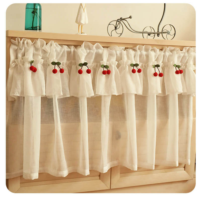 Linen Kitchen Curtain, Cherry Lace, Short Panel