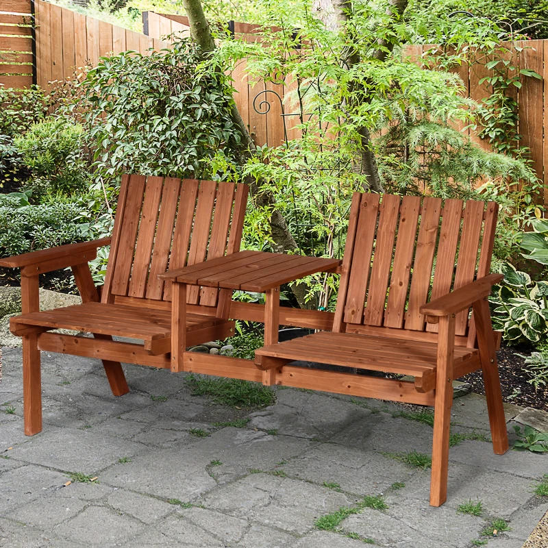 Wooden Patio Bench with Center Table & Umbrella Hole photo 5
