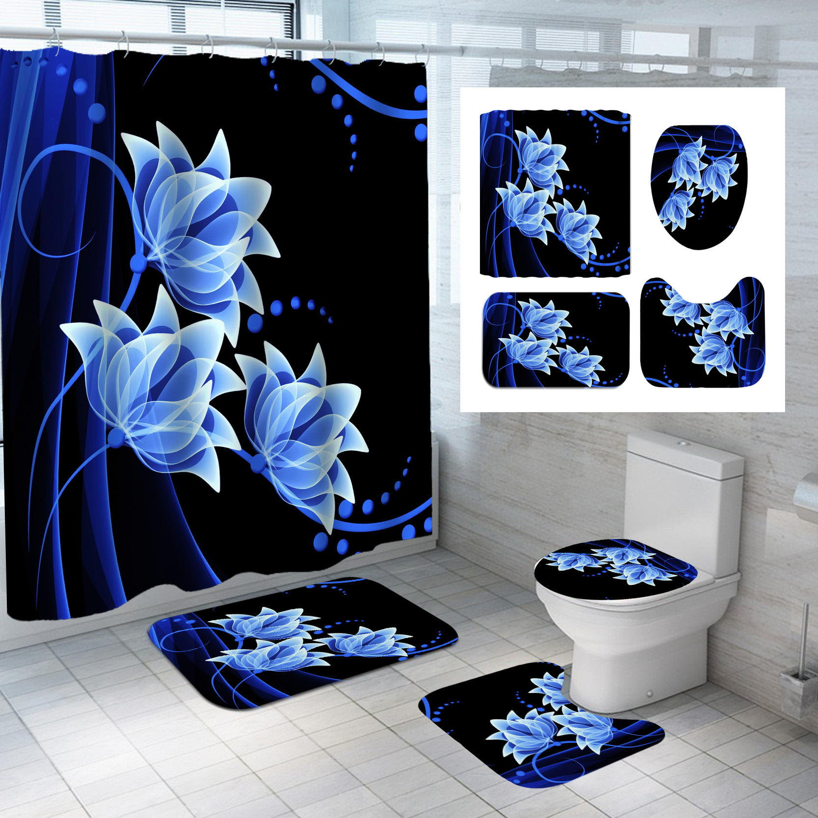 Lotus Print Shower Curtain, Polyester Bathroom