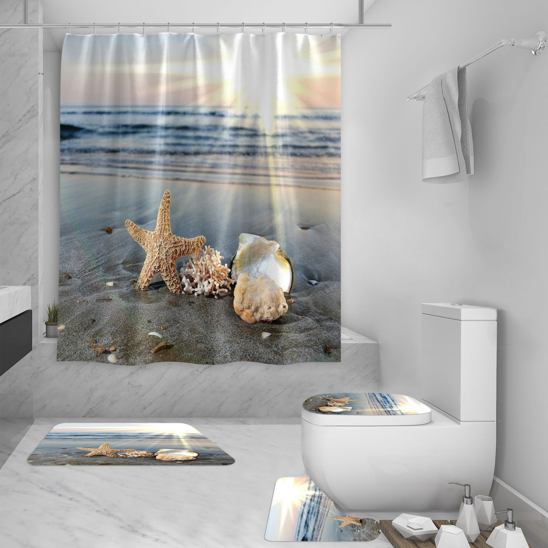 3D Beach Seascape Shower Curtain, Waterproof