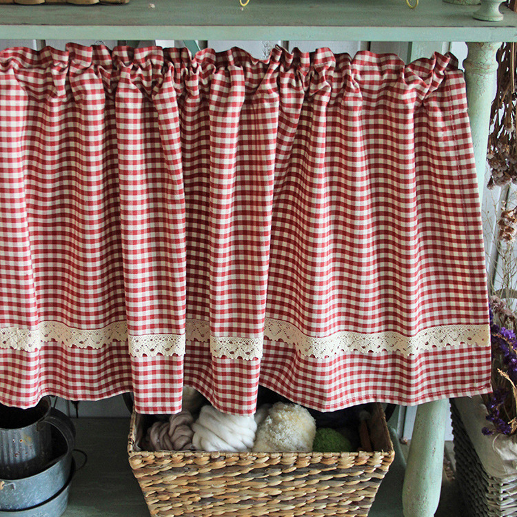 Plaid Cafe Curtain, Cotton Lace Ruffle, Short Panel