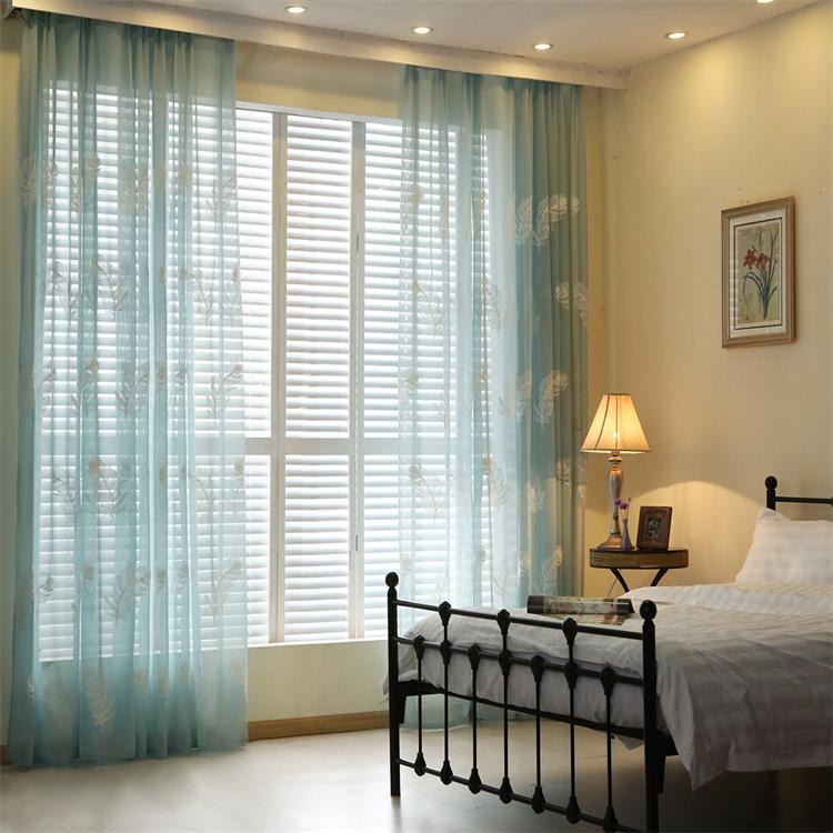 Feather Embroidered Sheer Curtain, White or Blue