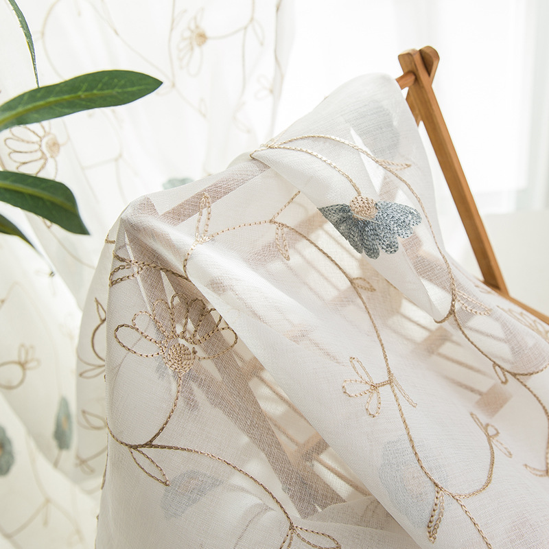 Embroidered Sheer Curtain, Linen Blend, Blue or Yellow