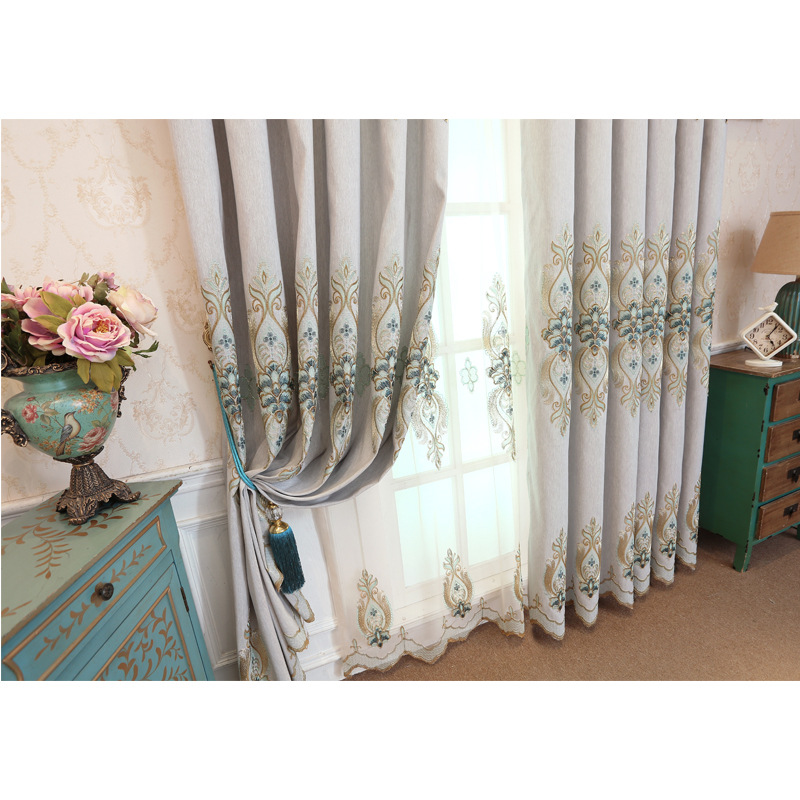 Embroidered Blackout Curtain Fabric, Slub Cotton Look