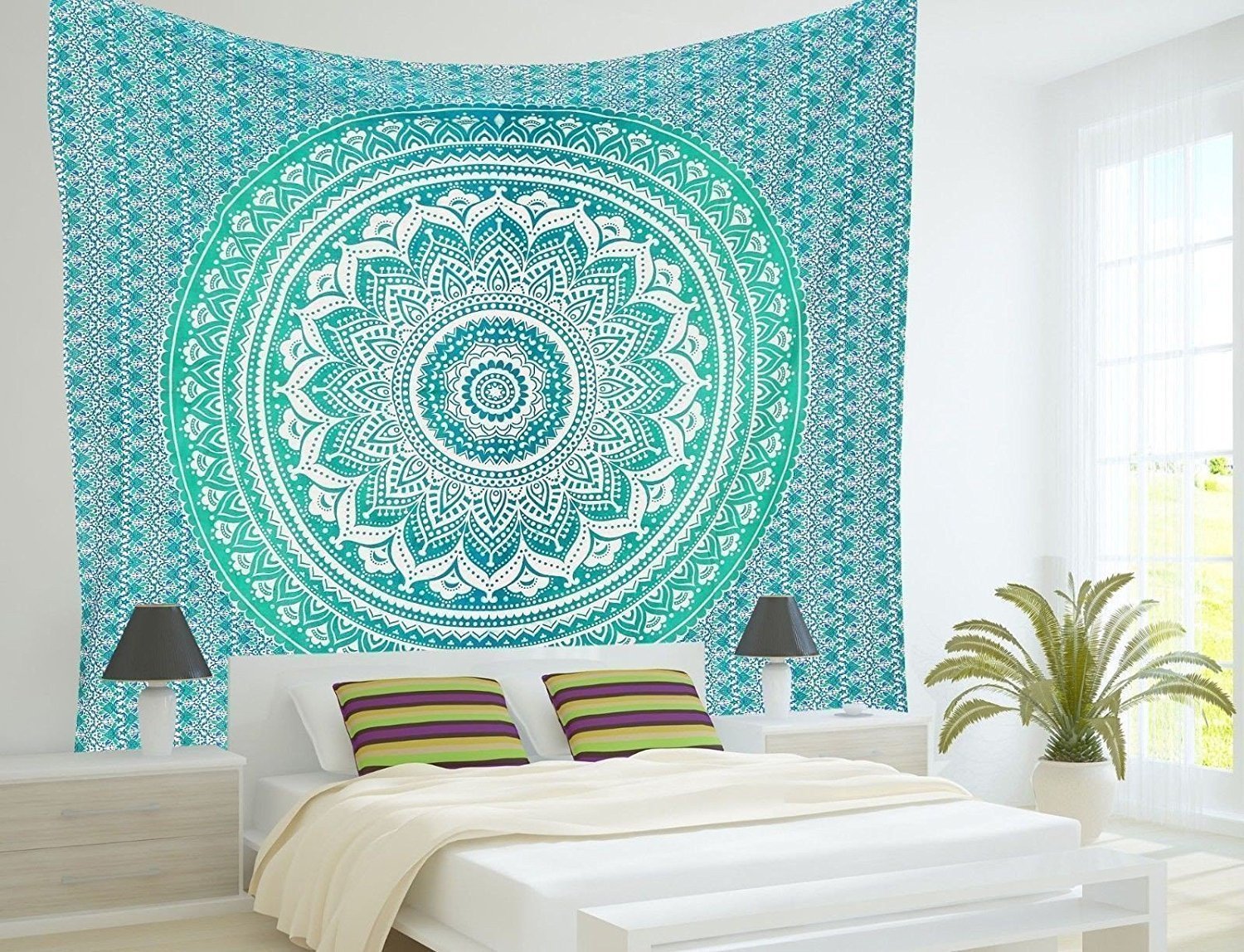 Indian Mandala Tapestry, Green Blue Floral Wall Hanging