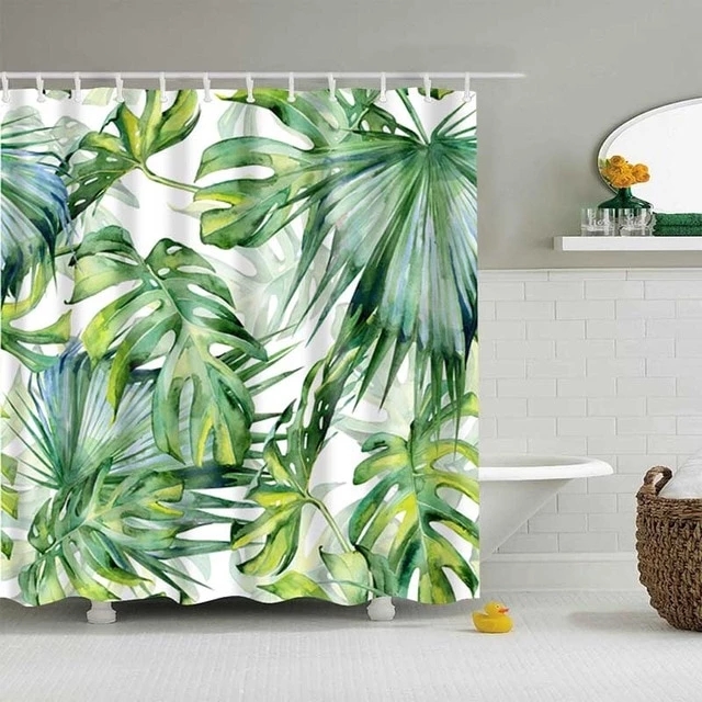 Tropical Shower Curtain, Green Leaf Print Bathroom Curtain