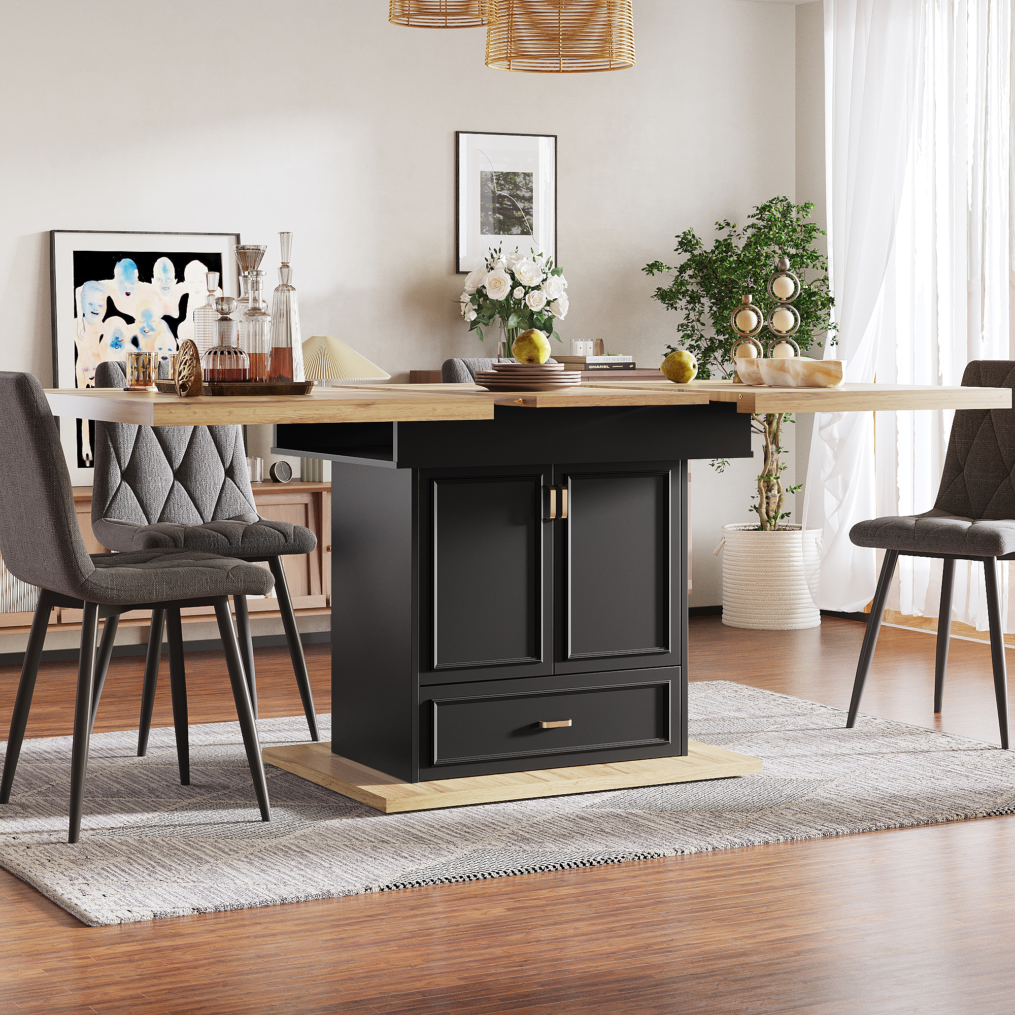 Black MDF Extendable Dining Table with Storage