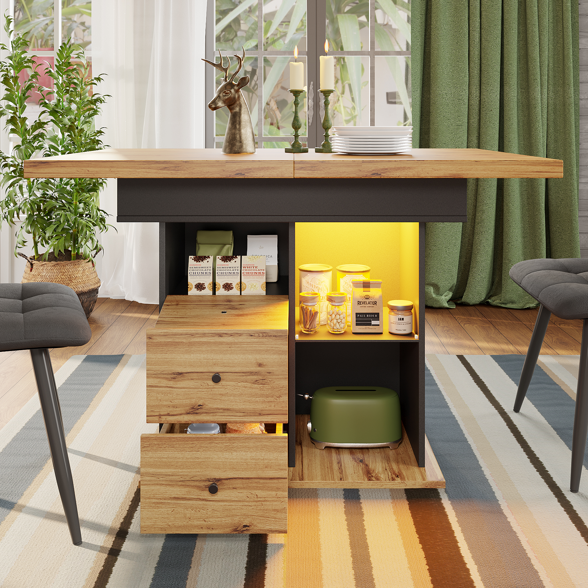 Black MDF Extendable Dining Table with LED Strip