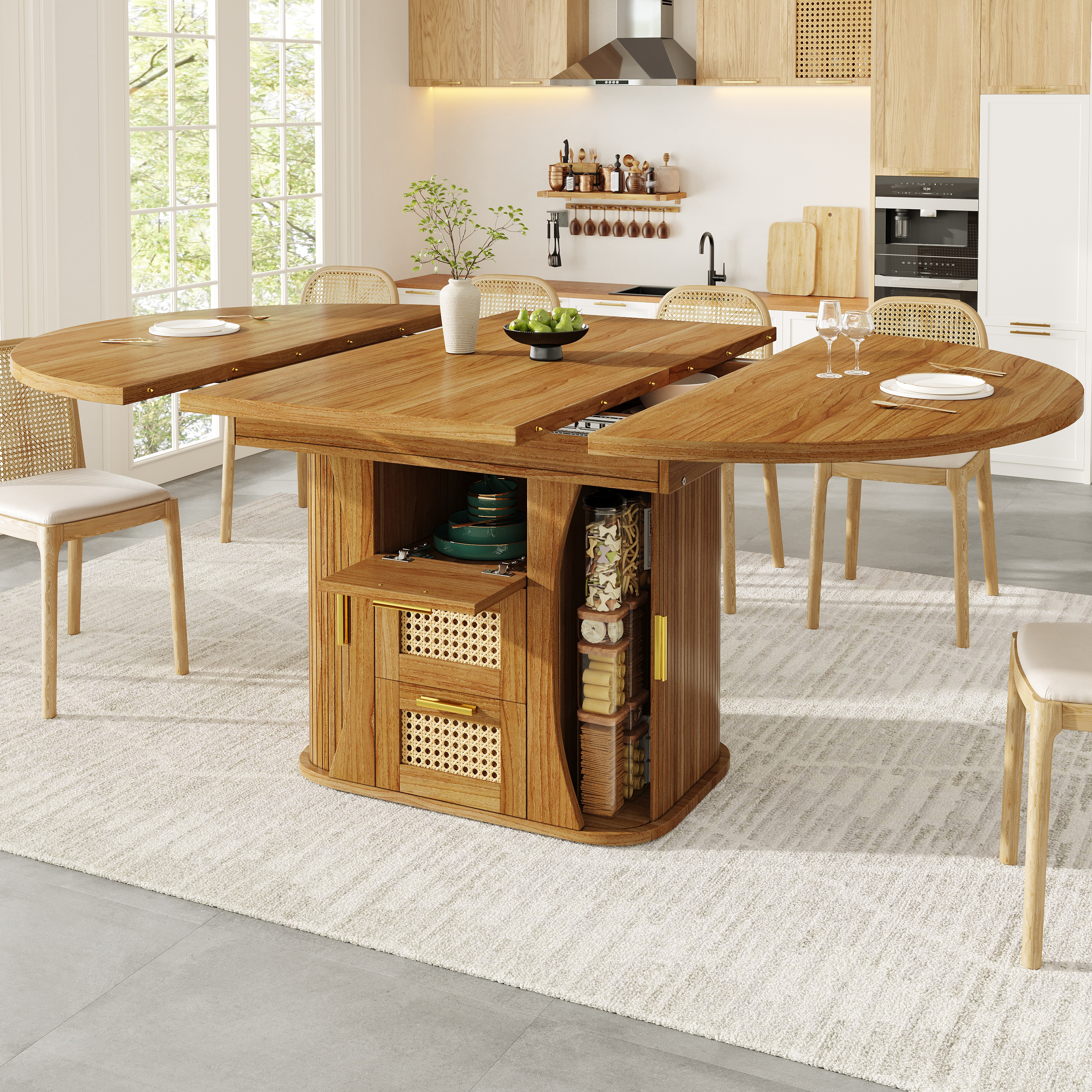 Brown Extendable Dining Table with Rattan-Look Drawers