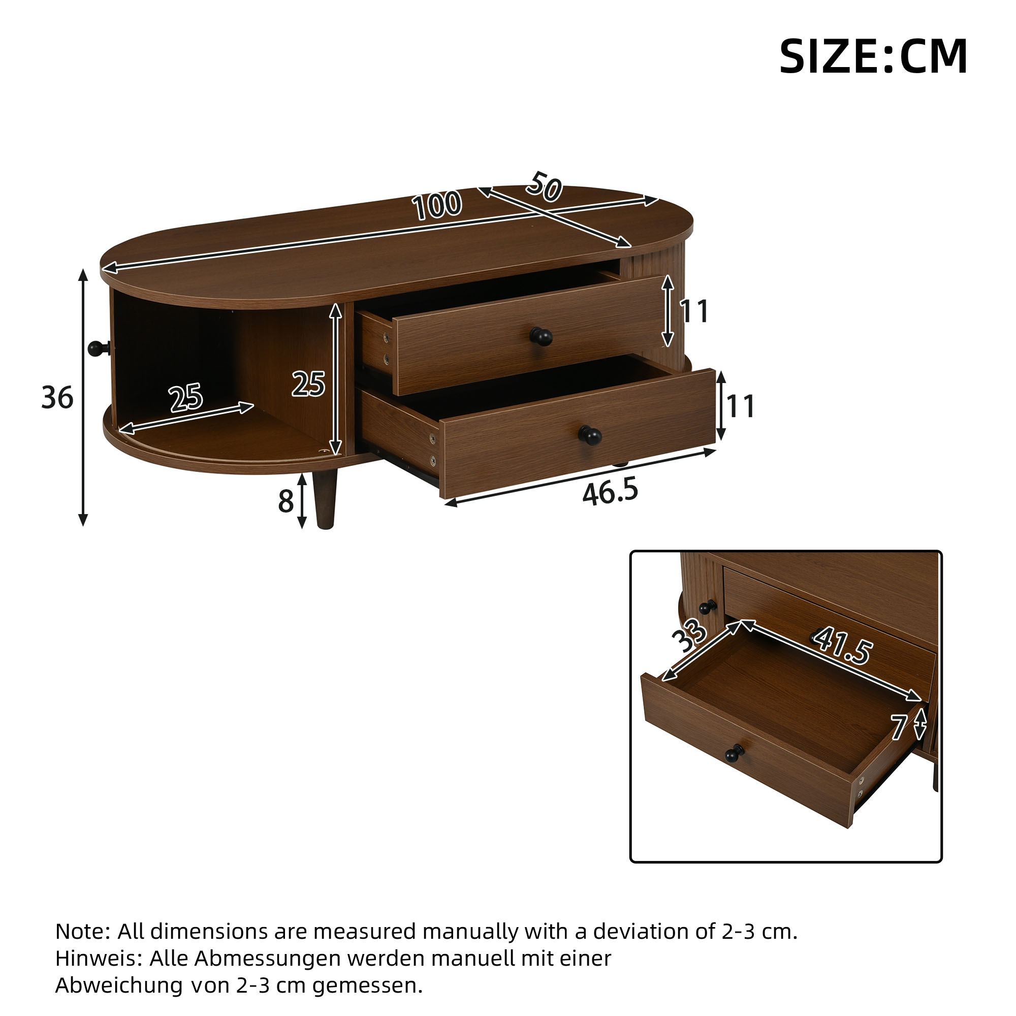 Oval Walnut MDF Coffee Table with Sliding Doors