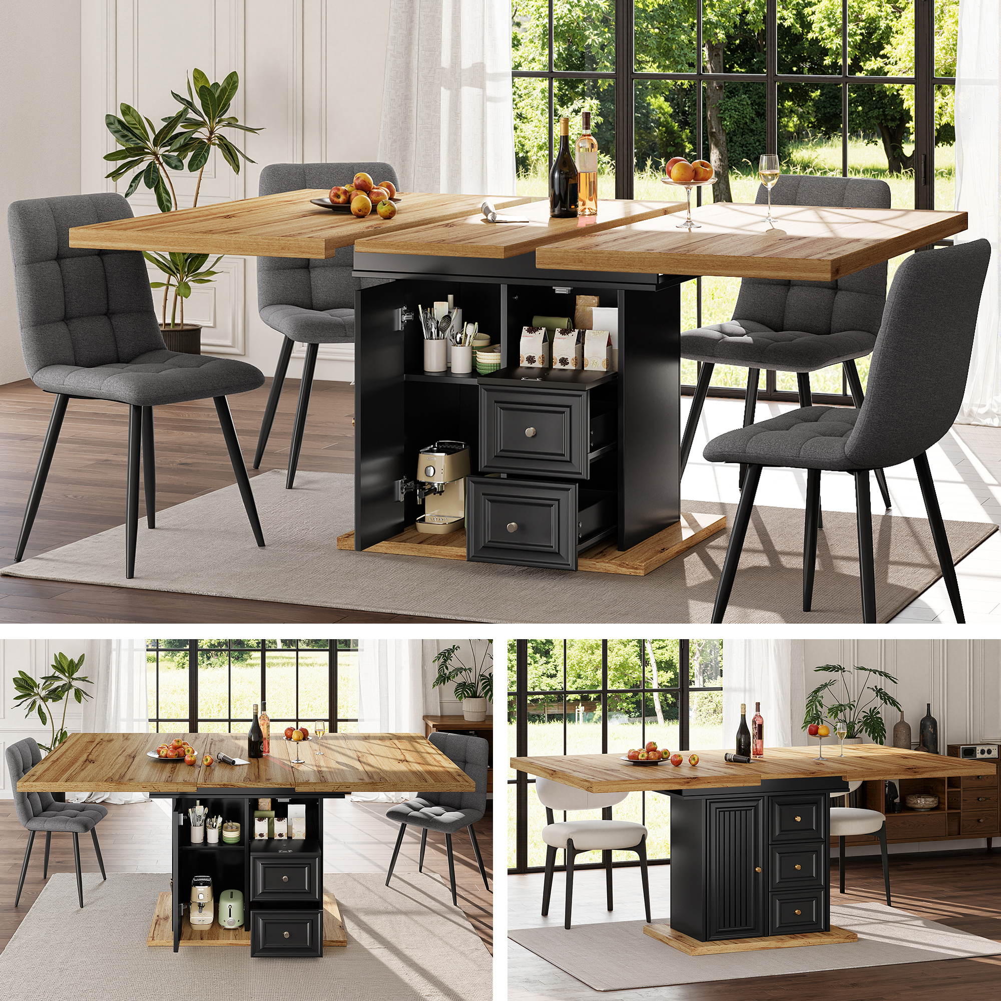 Black MDF Extendable Dining Table with Door and Drawers