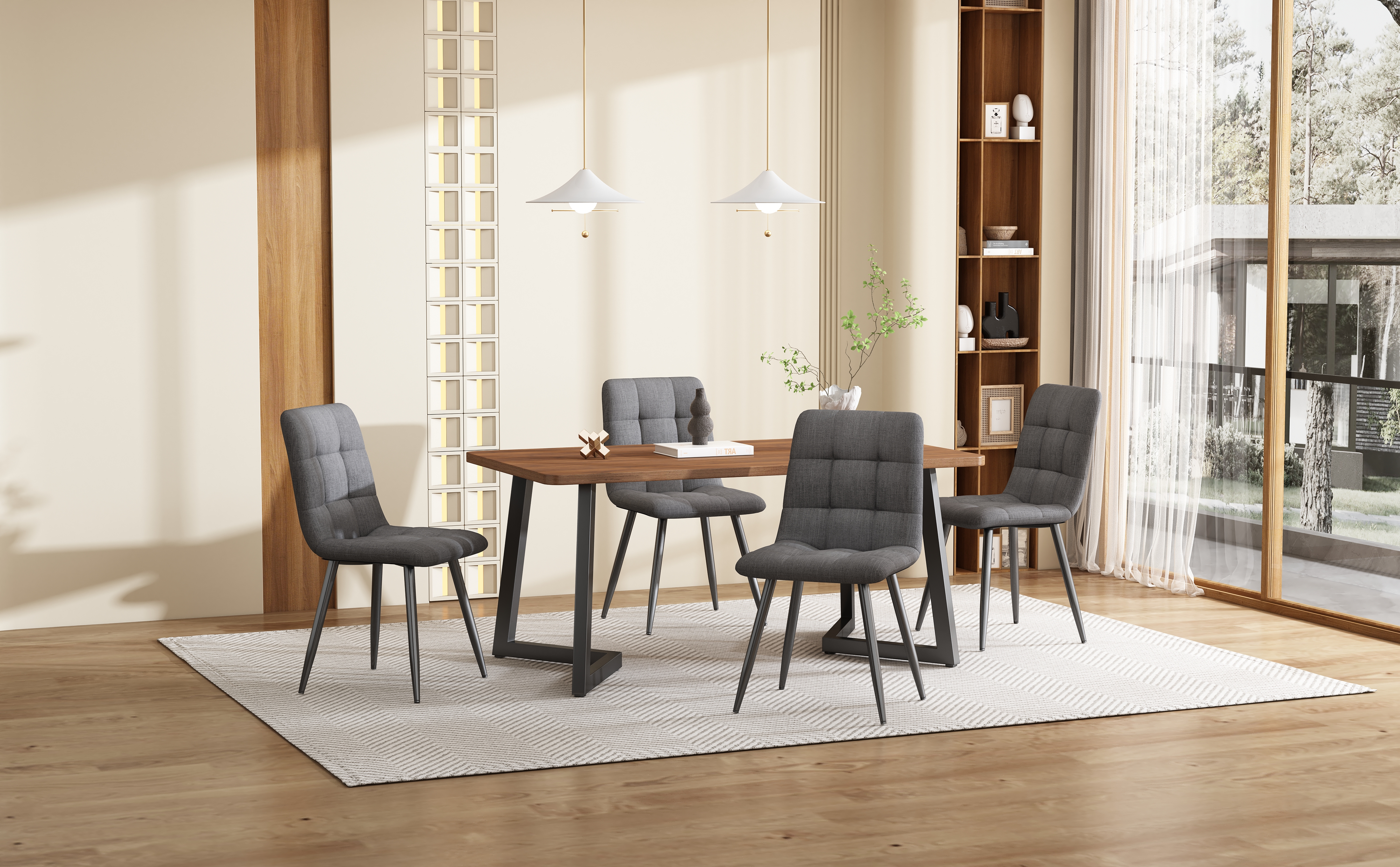 5-Piece Walnut Dining Set with Dark Gray Linen Chairs