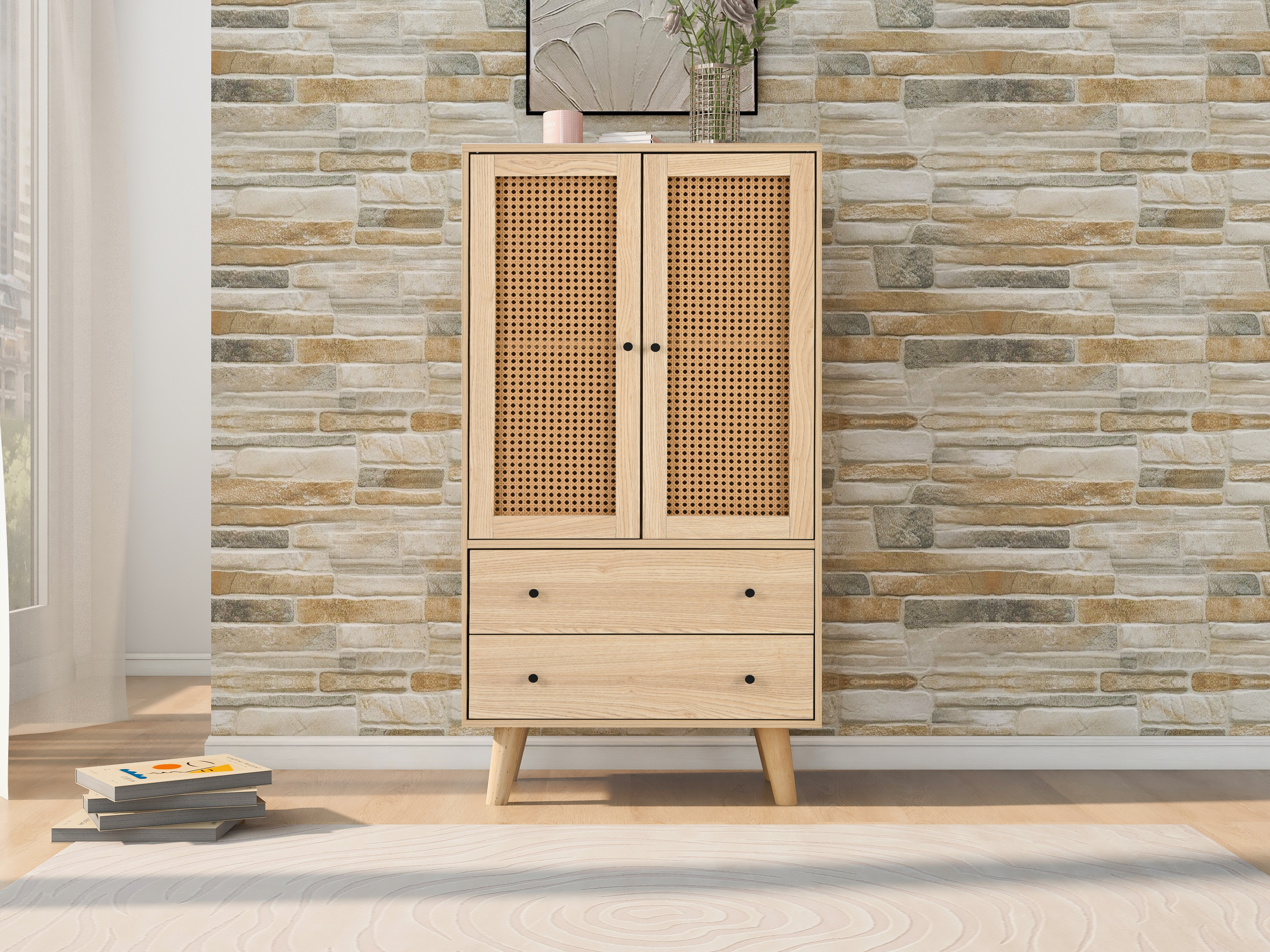 Oak Particle Board Sideboard with Doors and Drawers, 60 cm